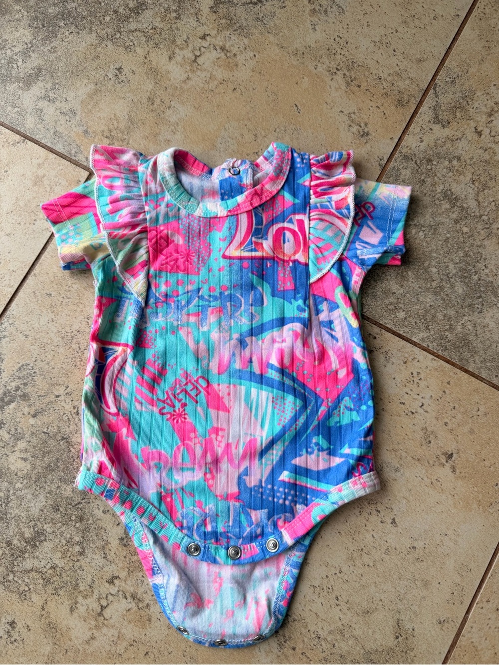 dELiA*s Baby 0-3M Y2K Graffiti Ruffle Sleeve Bodysuit Colorful